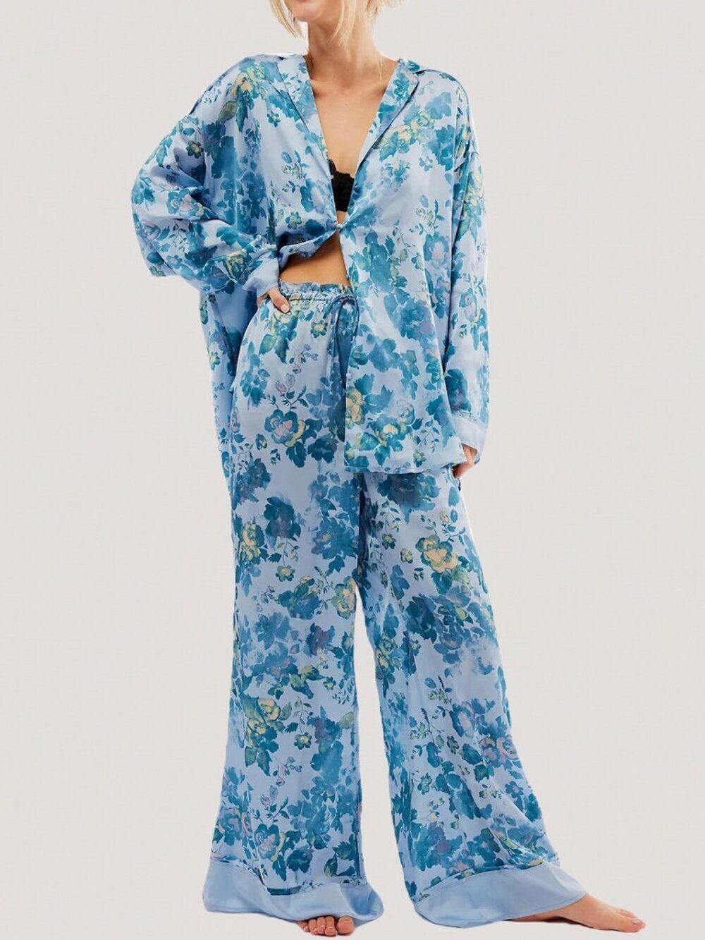 Blue Boho Women's Long Sleeve Shirt & Wide Leg Pants Pajama Set